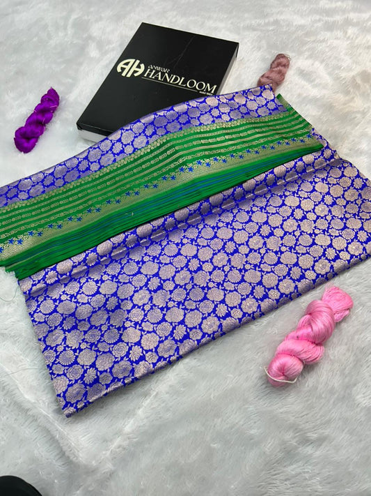 Royal Blue Pure Katan Silk Handloom Saree with Emerald Green Satin Border & Floral Jaal
