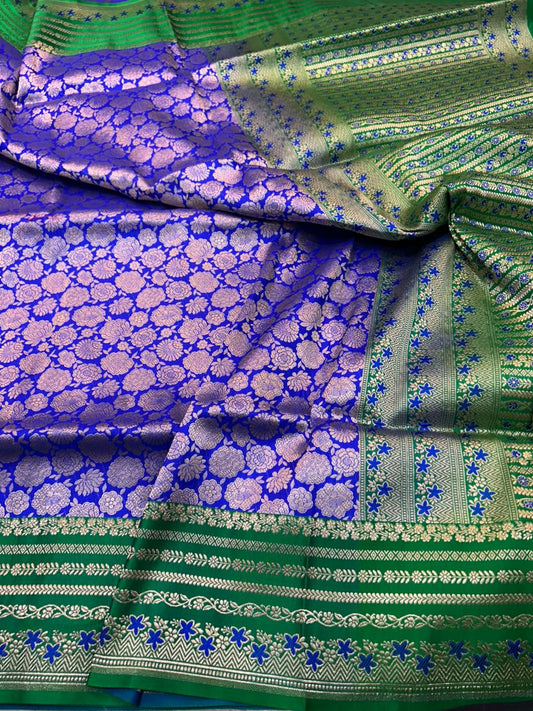 Royal Blue Pure Katan Silk Handloom Saree with Emerald Green Satin Border & Floral Jaal