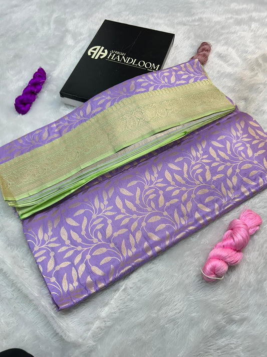 Lavender Pure Katan Silk Handloom Saree with Pistachio Satin Border & Silver Zari Floral Jaal