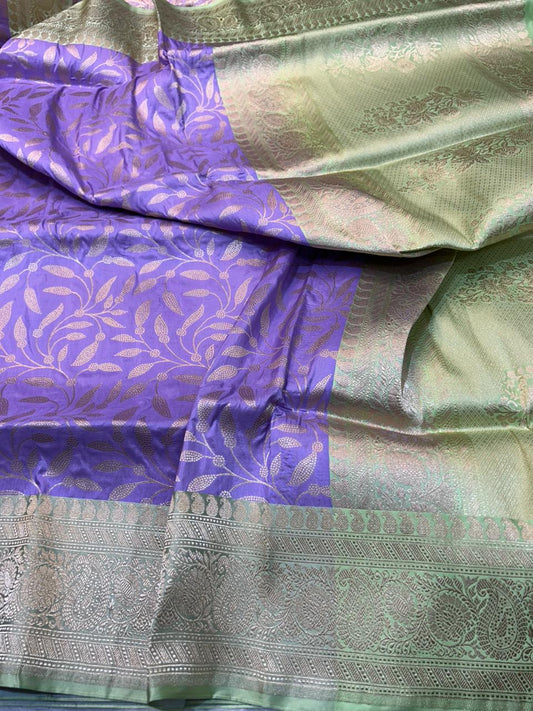 Lavender Pure Katan Silk Handloom Saree with Pistachio Satin Border & Silver Zari Floral Jaal