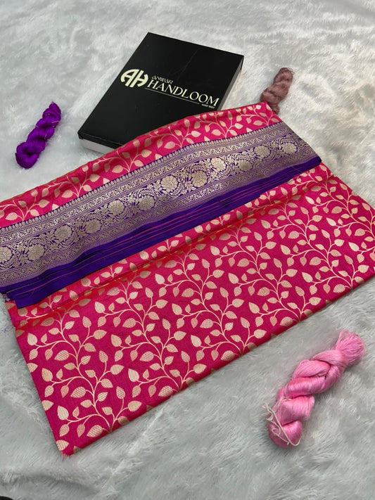 Hot Pink Pure Katan Silk Handloom Saree with Purple Satin Border & Gold Zari Floral Jaal