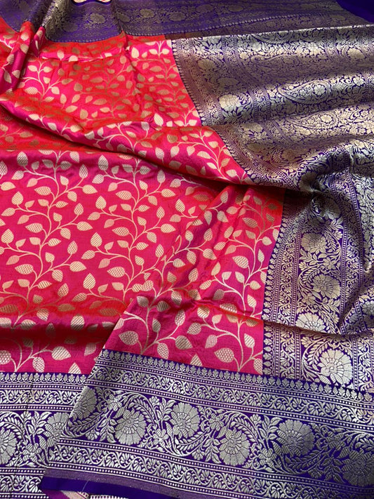 Hot Pink Pure Katan Silk Handloom Saree with Purple Satin Border & Gold Zari Floral Jaal