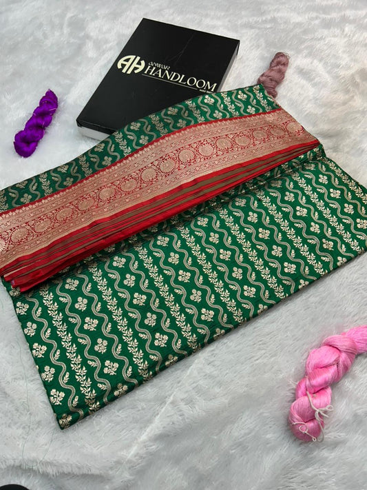 Bottle Green Pure Katan Silk Handloom Saree with Red Satin Border & Vertical Floral Bel