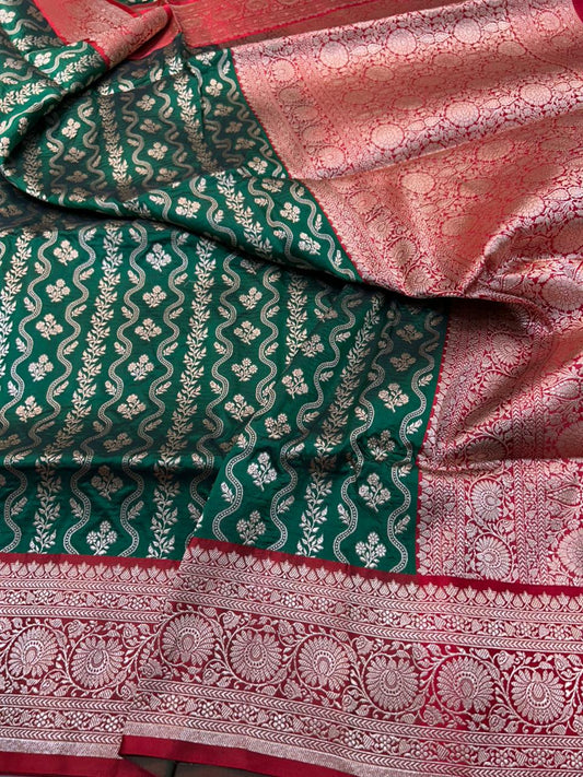 Bottle Green Pure Katan Silk Handloom Saree with Red Satin Border & Vertical Floral Bel