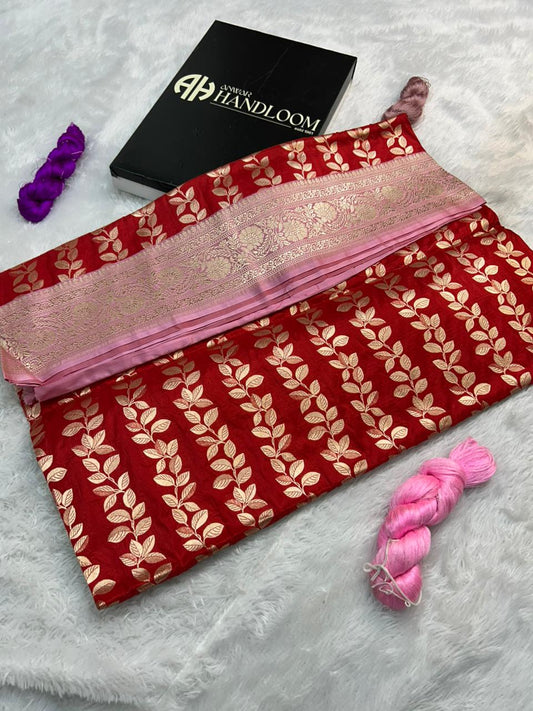 Cherry Red Pure Katan Silk Handloom Saree with Pink Satin Border & Vertical Leaf Bel