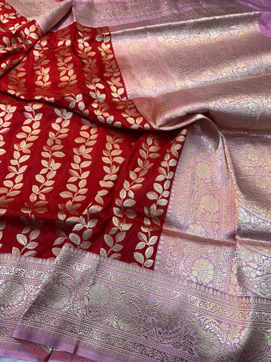 Cherry Red Pure Katan Silk Handloom Saree with Pink Satin Border & Vertical Leaf Bel