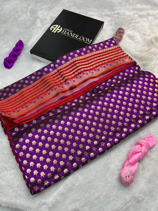 Royal Purple Pure Katan Silk Handloom Saree with Red Satin Border & Gold Zari Buti