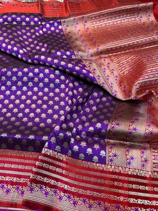Royal Purple Pure Katan Silk Handloom Saree with Red Satin Border & Gold Zari Buti