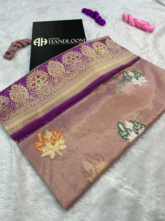Lavender Mauve Premium Tissue Handloom Banarasi Saree with Silver Zari Tree Motifs