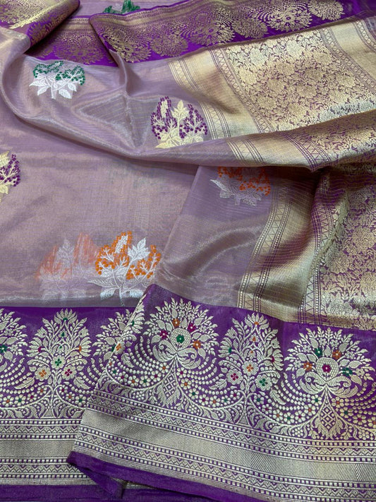 Lavender Mauve Premium Tissue Handloom Banarasi Saree with Silver Zari Tree Motifs