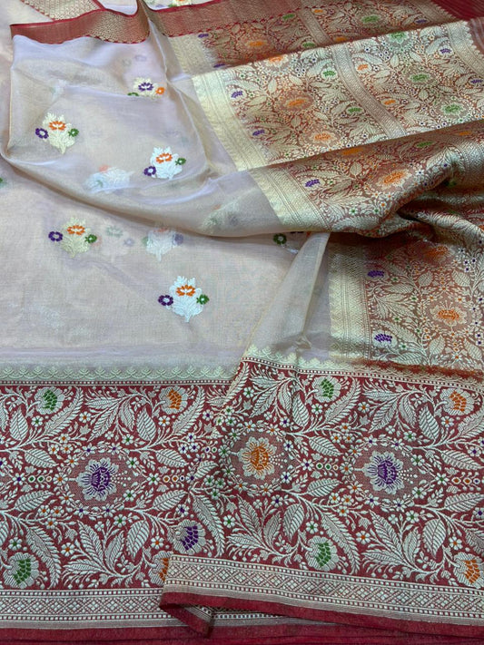 Cream Peach Premium Tissue Handloom Banarasi Saree with Multi-Color Meenakari Floral Jaal