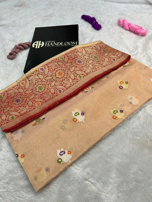 Cream Peach Premium Tissue Handloom Banarasi Saree with Multi-Color Meenakari Floral Jaal