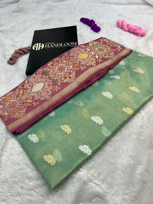 Sea Green Premium Tissue Handloom Banarasi Saree with Silver Zari Floral Butis & Mauve Meenakari Border