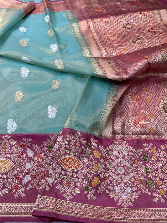 Sea Green Premium Tissue Handloom Banarasi Saree with Silver Zari Floral Butis & Mauve Meenakari Border