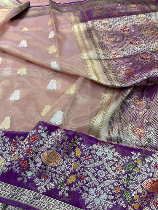 Dusty Rose Premium Tissue Handloom Banarasi Saree with Silver Zari Leaf Motifs & Purple Meenakari Border