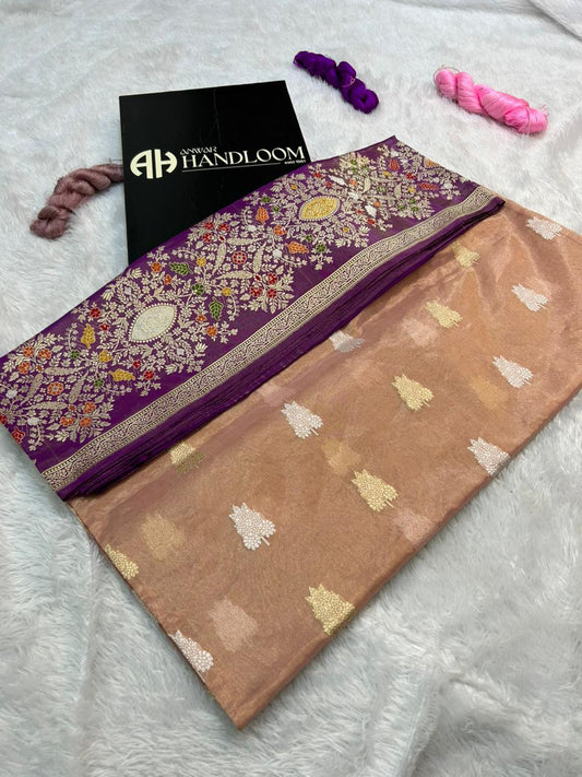 Dusty Rose Premium Tissue Handloom Banarasi Saree with Silver Zari Leaf Motifs & Purple Meenakari Border