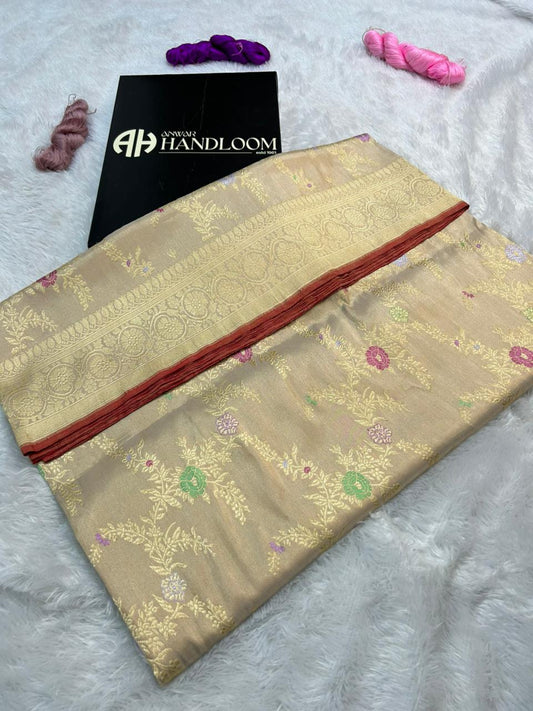 Antique Gold Premium Tissue Handloom Banarasi Saree with Multi-Color Meenakari Floral Bel