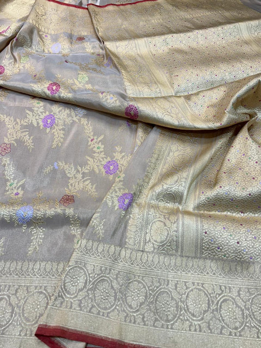 Antique Gold Premium Tissue Handloom Banarasi Saree with Multi-Color Meenakari Floral Bel