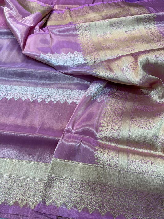 Orchid Lavender Premium Tissue Handloom Banarasi Saree with Silver Zari Paisley Jaal