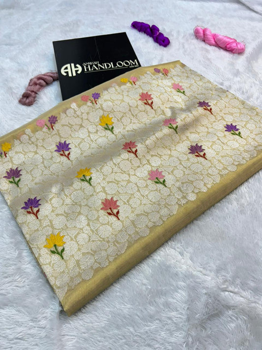 Champagne Gold Premium Tissue Handloom Banarasi Saree with White Floral Jaal & Meenakari Lotus Motifs