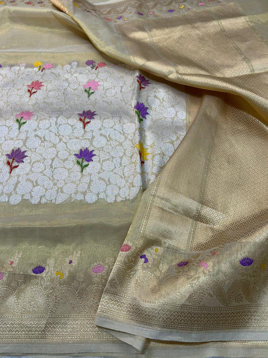 Champagne Gold Premium Tissue Handloom Banarasi Saree with White Floral Jaal & Meenakari Lotus Motifs