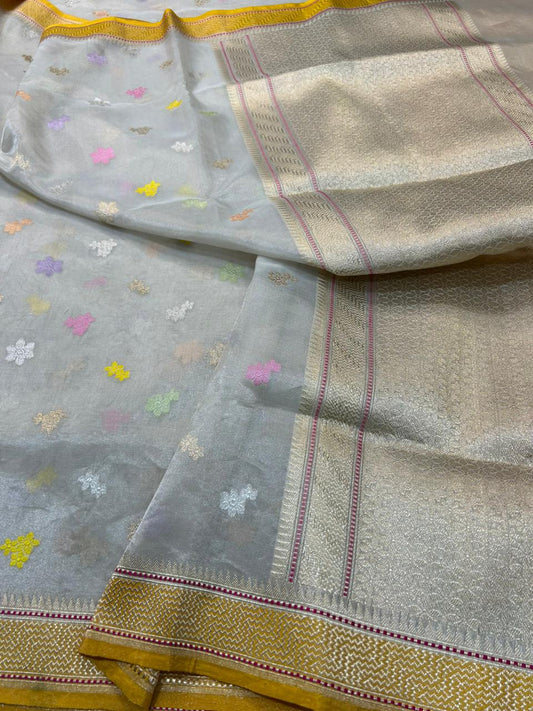 Silver-Grey Premium Tissue Handloom Banarasi Saree with Multi-Color Meenakari Butis & Yellow Kaddi Border