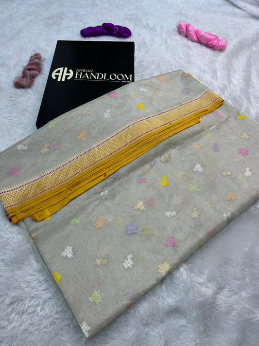 Silver-Grey Premium Tissue Handloom Banarasi Saree with Multi-Color Meenakari Butis & Yellow Kaddi Border
