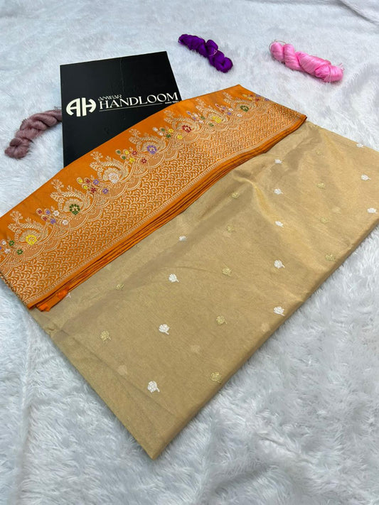 Golden Mustard Premium Tissue Handloom Banarasi Saree with Multi-Color Meenakari Floral Border