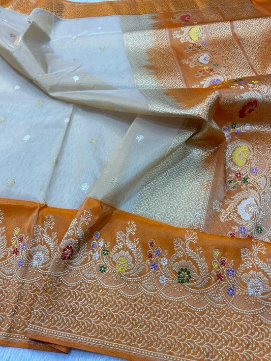 Golden Mustard Premium Tissue Handloom Banarasi Saree with Multi-Color Meenakari Floral Border