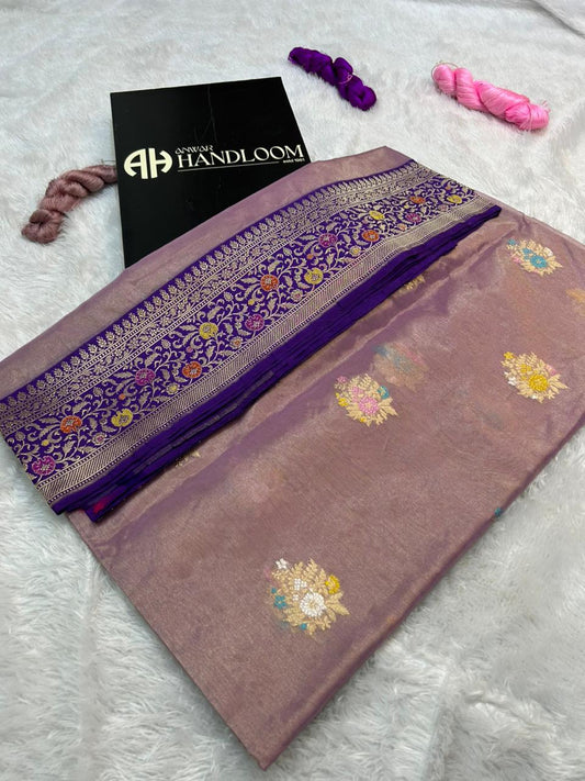 Mauve-Lavender Premium Tissue Handloom Banarasi Saree with Multi-Color Meenakari Floral Butis & Violet Border
