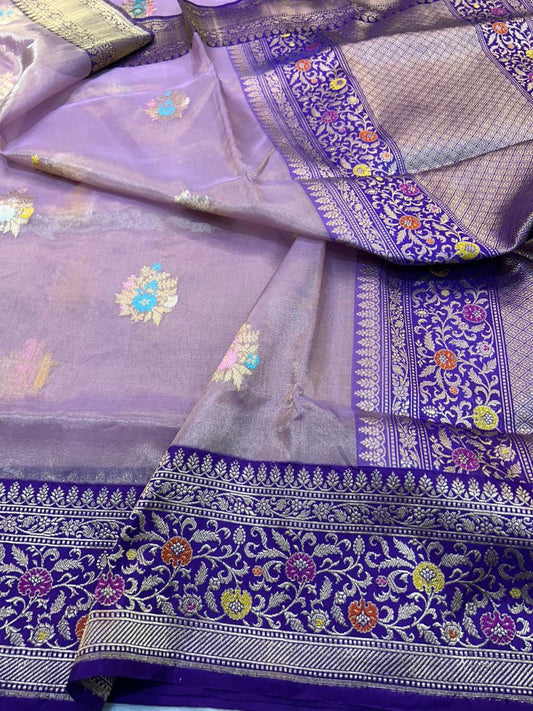 Mauve-Lavender Premium Tissue Handloom Banarasi Saree with Multi-Color Meenakari Floral Butis & Violet Border