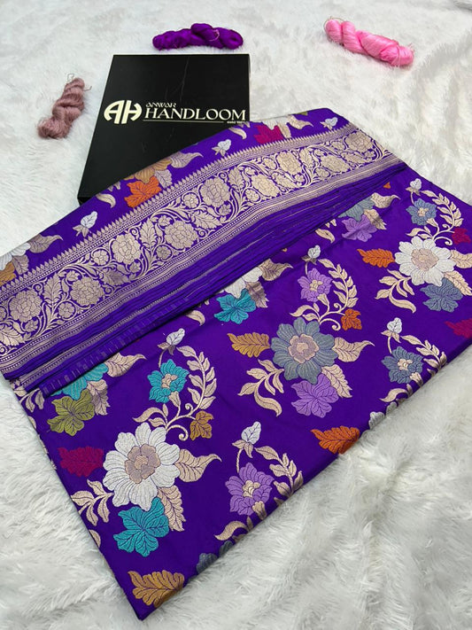 Royal Purple Pure Katan Silk Handloom Banarasi Saree with Multi-Color Meenakari Jungla Jaal