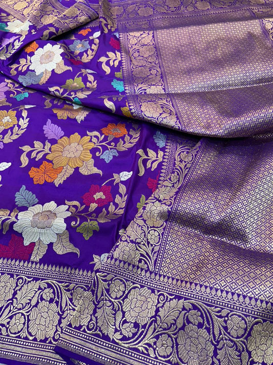 Royal Purple Pure Katan Silk Handloom Banarasi Saree with Multi-Color Meenakari Jungla Jaal