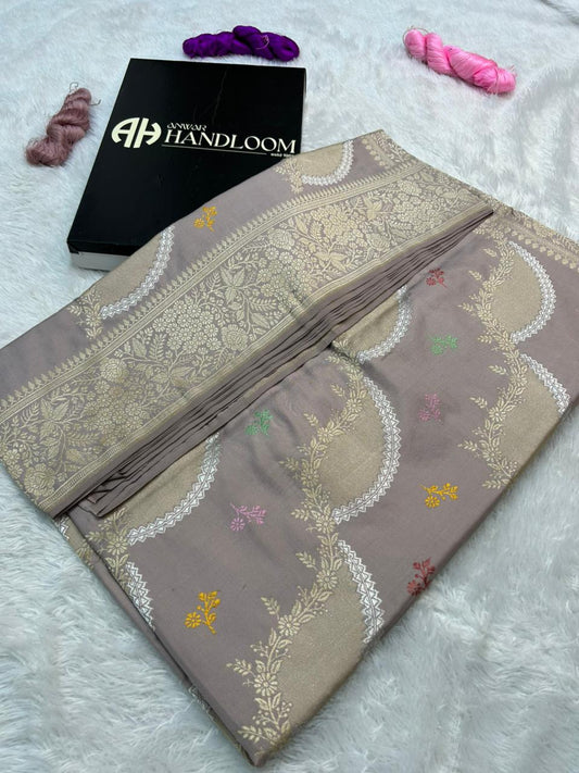 Mauve-Lavender Pure Katan Silk Handloom Saree with Silver Zari Crescent Floral Jaal