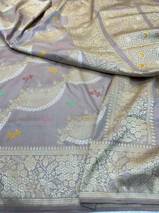 Mauve-Lavender Pure Katan Silk Handloom Saree with Silver Zari Crescent Floral Jaal