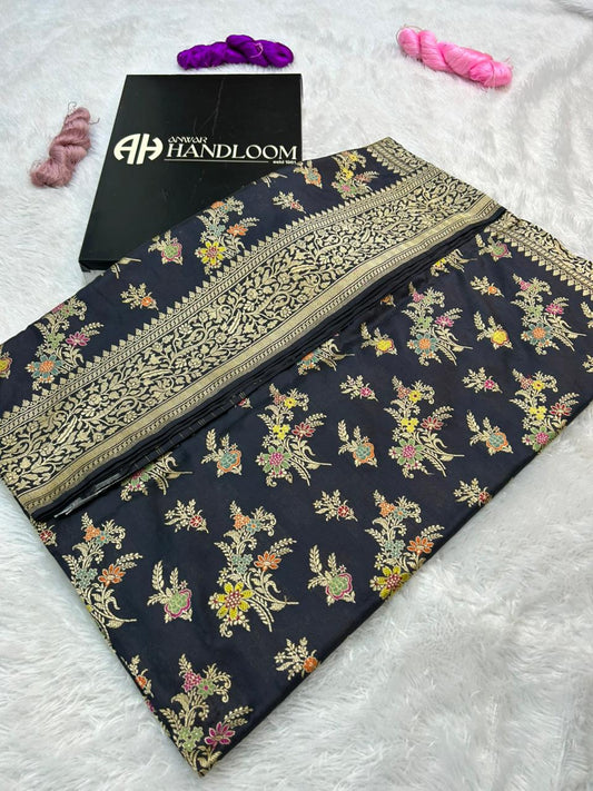 Midnight Black Pure Katan Silk Handloom Banarasi Saree with Multi-Color Meenakari Kadhua Jungla Floral bunches