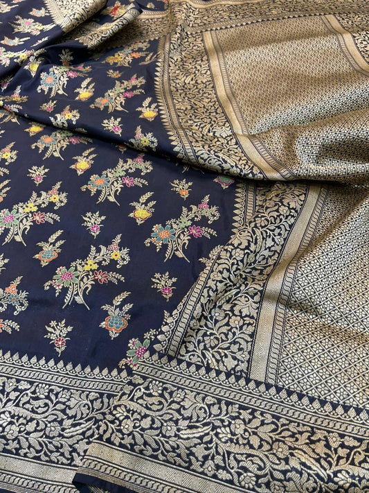 Midnight Black Pure Katan Silk Handloom Banarasi Saree with Multi-Color Meenakari Kadhua Jungla Floral bunches