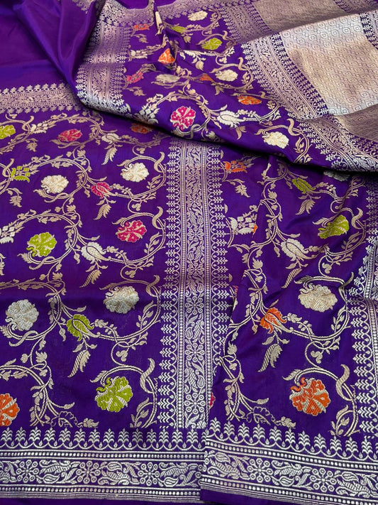 Royal Purple Pure Katan Silk Handloom Banarasi Saree with Multi-Color Meenakari Kadhua Jungla Jaal