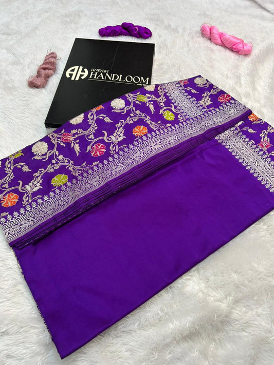 Royal Purple Pure Katan Silk Handloom Banarasi Saree with Multi-Color Meenakari Kadhua Jungla Jaal