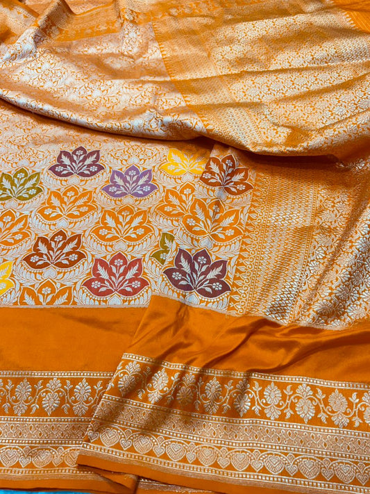 Sunset Orange Pure Katan Silk Handloom Banarasi Saree with Multi-Color Meenakari Kadhua Jungla Floral Clusters