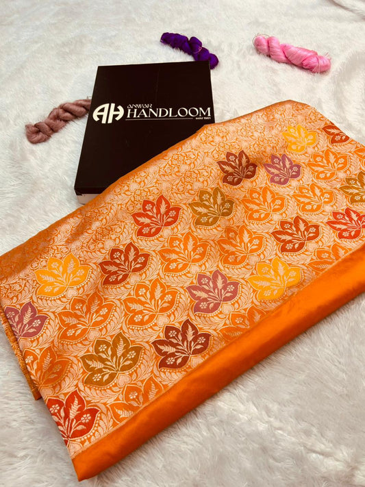 Sunset Orange Pure Katan Silk Handloom Banarasi Saree with Multi-Color Meenakari Kadhua Jungla Floral Clusters