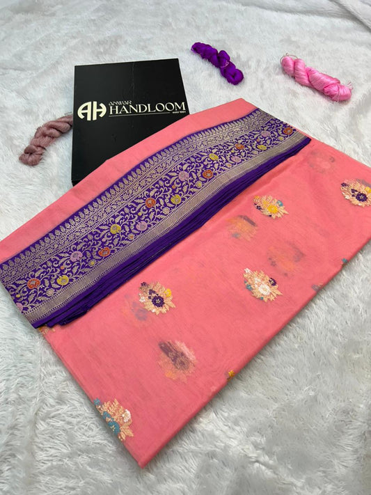 Peach Pink Premium Kora Organza Handloom Banarasi Saree with Multi-Color Meenakari Floral Butis & Violet Border
