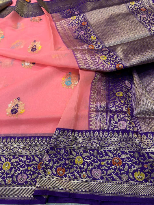Peach Pink Premium Kora Organza Handloom Banarasi Saree with Multi-Color Meenakari Floral Butis & Violet Border