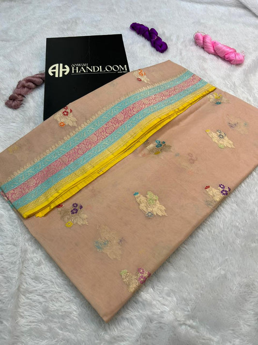 Peach Premium Kora Organza Handloom Banarasi Saree with Multi-Color Meenakari Floral Butis & Contrast Striped Border