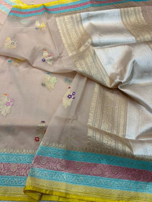 Peach Premium Kora Organza Handloom Banarasi Saree with Multi-Color Meenakari Floral Butis & Contrast Striped Border