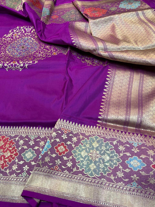 Exquisite Purple Handloom Banarasi Katan Silk Saree with Kadwa Meenakari
