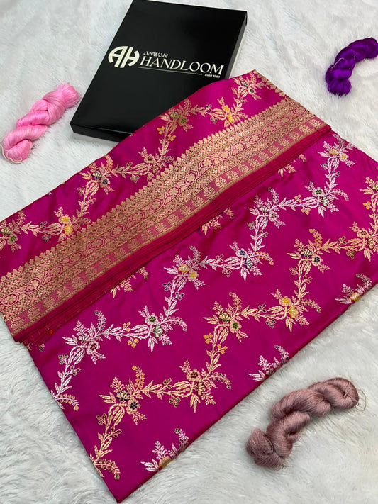 This stunning piece is a classic example of Handloom Banarasi Katan Silk,