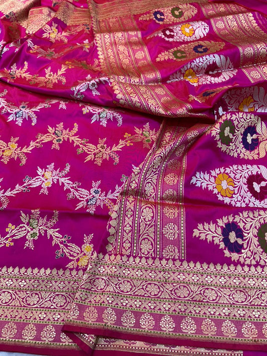 This stunning piece is a classic example of Handloom Banarasi Katan Silk,