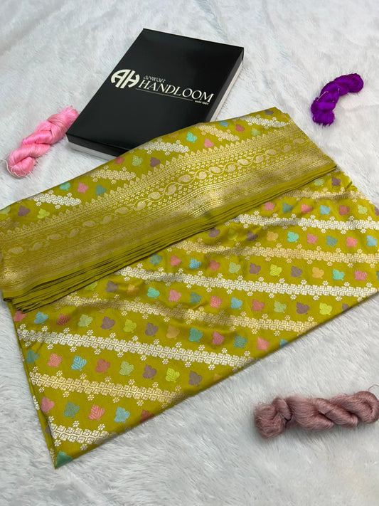 Pure Katan Silk Handloom Banarasi Kadua Meenakari Saree beutiful mehendi yellow