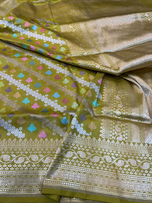 Pure Katan Silk Handloom Banarasi Kadua Meenakari Saree beutiful mehendi yellow
